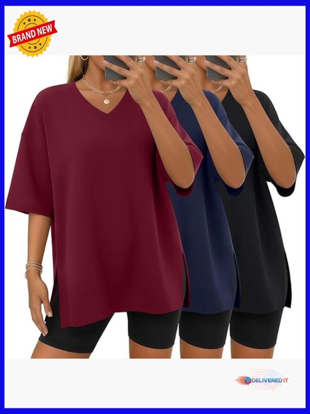 Oversized Half Sleeve V Neck Loose Fit Gym Tunic Tee Tops 3 Pack